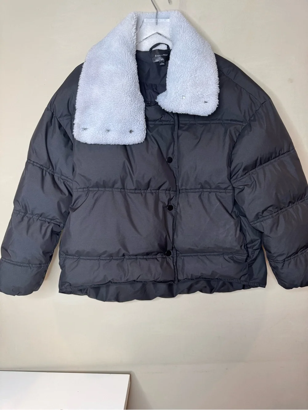 Line & Dot Oversized Puffer Jacket Large Black Sherpa Collar Cropped Coat